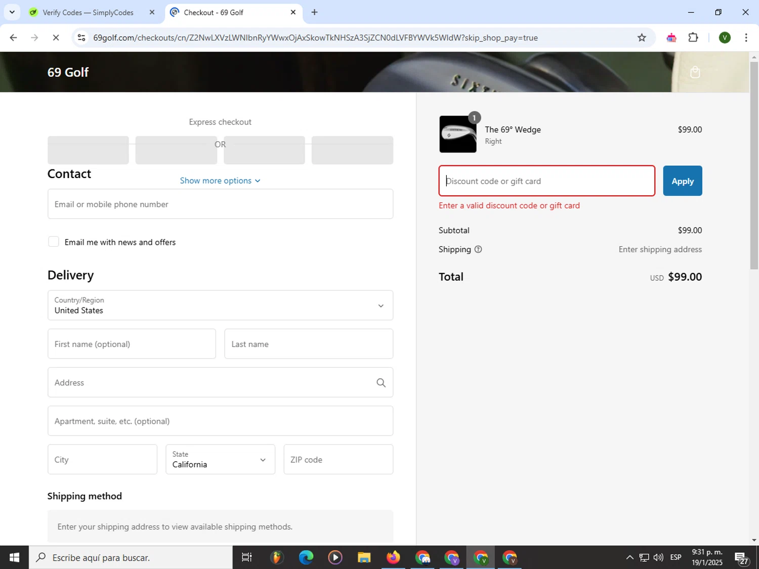 69 Golf discount code screenshot showing code 20OFF2 applied at 69 Golf checkout page. Uploaded by SimplyCodes community member PrimeWizard4168 on Jan 20, 2025