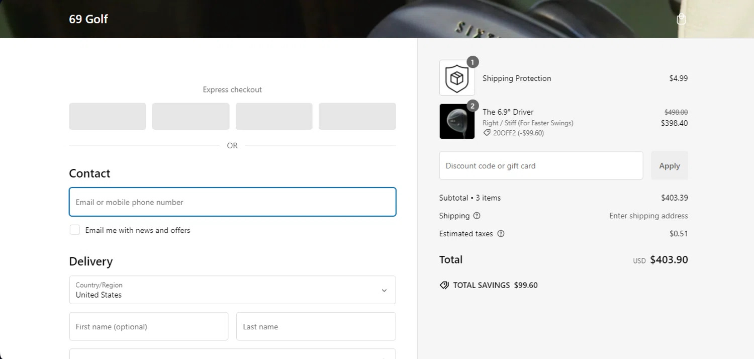 69 Golf discount code screenshot showing code 20OFF2 applied at 69 Golf checkout page. Uploaded by SimplyCodes community member juanisaac on Jan 20, 2025
