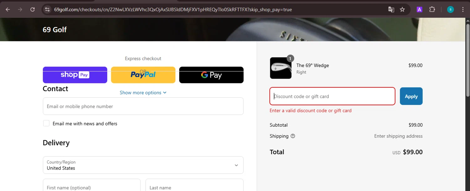 69 Golf discount code screenshot showing code BarbellsAndBogeys applied at 69 Golf checkout page. Uploaded by SimplyCodes community member ValiantChaser7723 on Apr 8, 2025