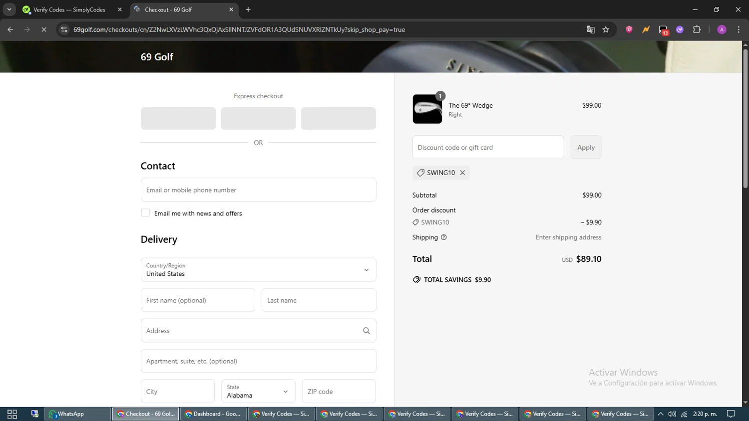 69 Golf discount code screenshot showing code SWING10 applied at 69 Golf checkout page. Uploaded by SimplyCodes community member CouponScout5403 on Jun 25, 2025