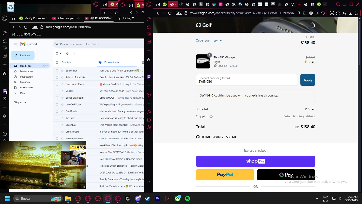 69 Golf discount code screenshot showing code SWING10 applied at 69 Golf checkout page. Uploaded by SimplyCodes community member Halanweik on May 13, 2025