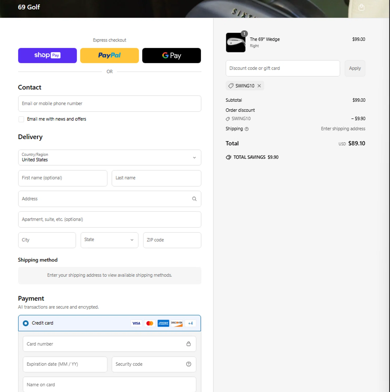 69 Golf discount code screenshot showing code SWING10 applied at 69 Golf checkout page. Uploaded by SimplyCodes community member josesanchez10 on Apr 14, 2025
