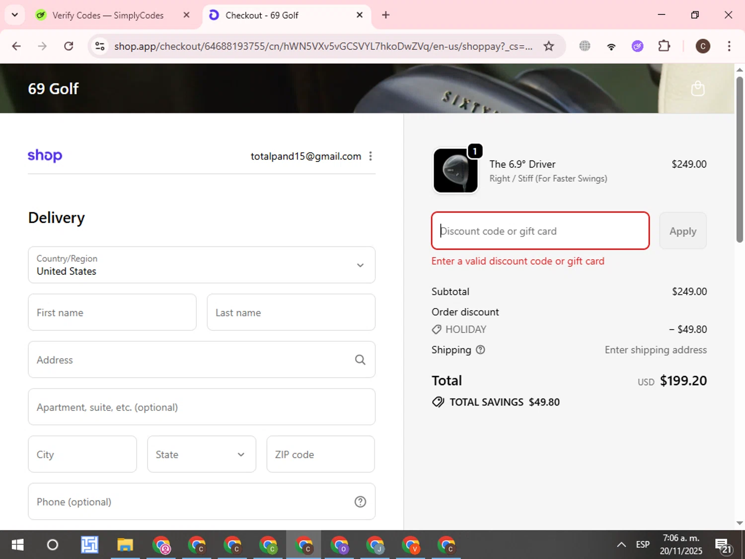 69 Golf discount code screenshot showing code HOLIDAY applied at 69 Golf checkout page. Uploaded by SimplyCodes community member WonderCurator7831 on Nov 20, 2025