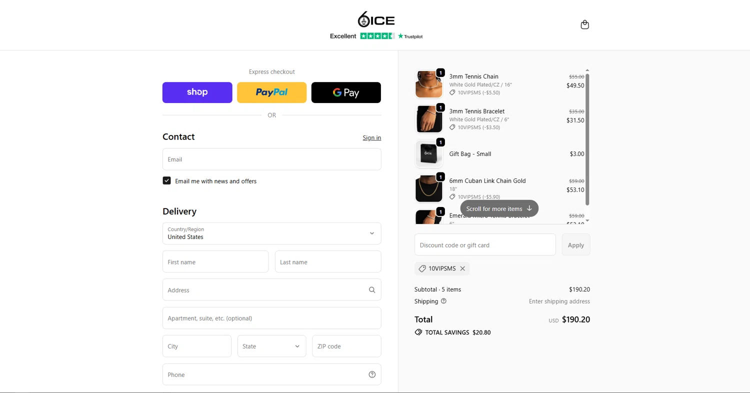 6ix Ice discount code screenshot showing code 10VIPSMS applied at 6ix Ice checkout page. Uploaded by SimplyCodes community member vctr7w7x on Dec 8, 2025