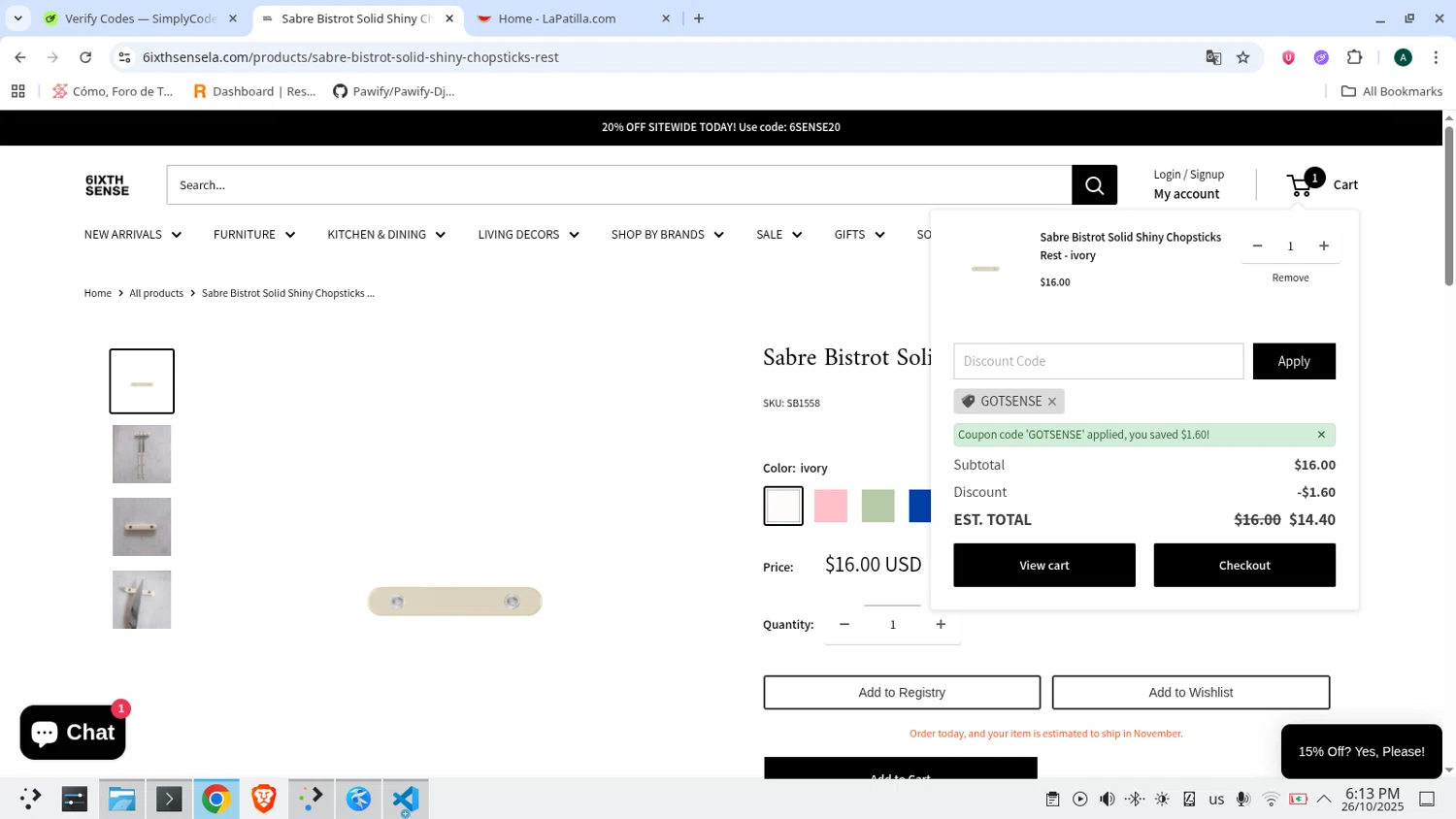 6ixth Sense promo code screenshot showing code GOTSENSE applied at 6ixth Sense checkout page. Uploaded by SimplyCodes community member admeneses on Oct 26, 2025