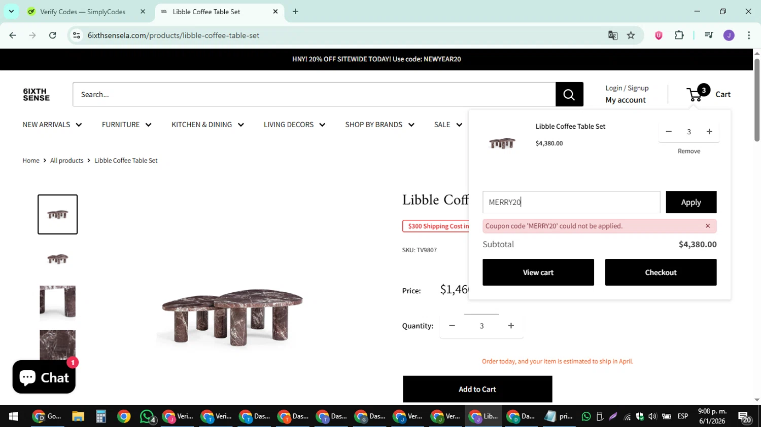 6ixth Sense promo code screenshot showing code MERRY20 applied at 6ixth Sense checkout page. Uploaded by SimplyCodes community member sniderjack453 on Jan 7, 2026