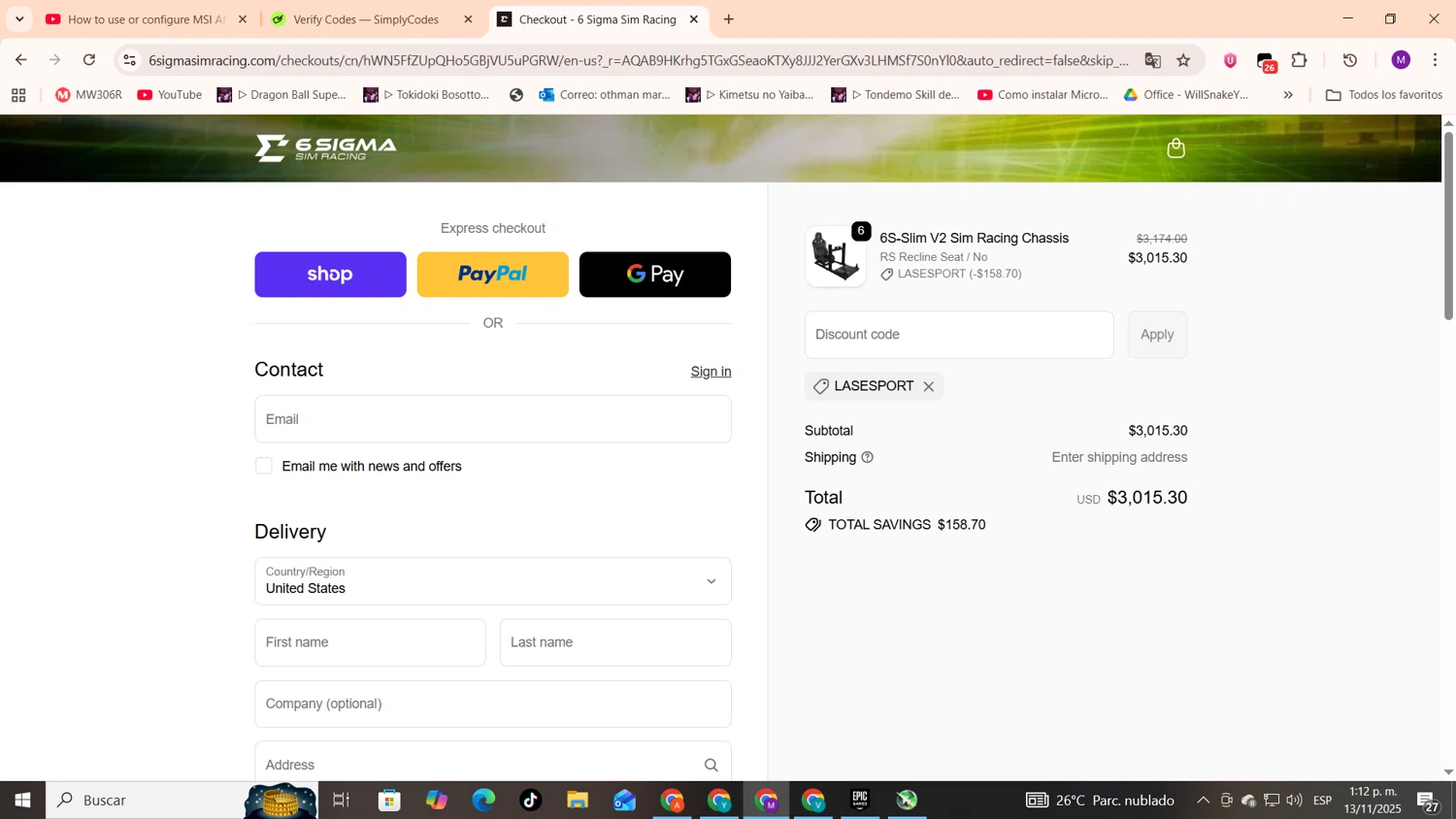 6 Sigma Sim Racing discount code screenshot showing code LASESPORT applied at 6 Sigma Sim Racing checkout page. Uploaded by SimplyCodes community member cod_gakpo on Nov 13, 2025