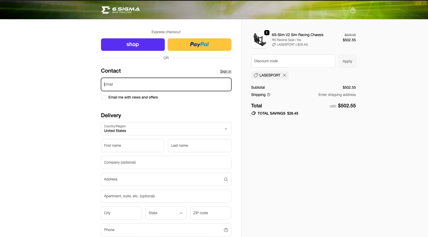 6 Sigma Sim Racing discount code screenshot showing code LASESPORT applied at 6 Sigma Sim Racing checkout page. Uploaded by SimplyCodes community member ELOIN777 on Nov 8, 2025