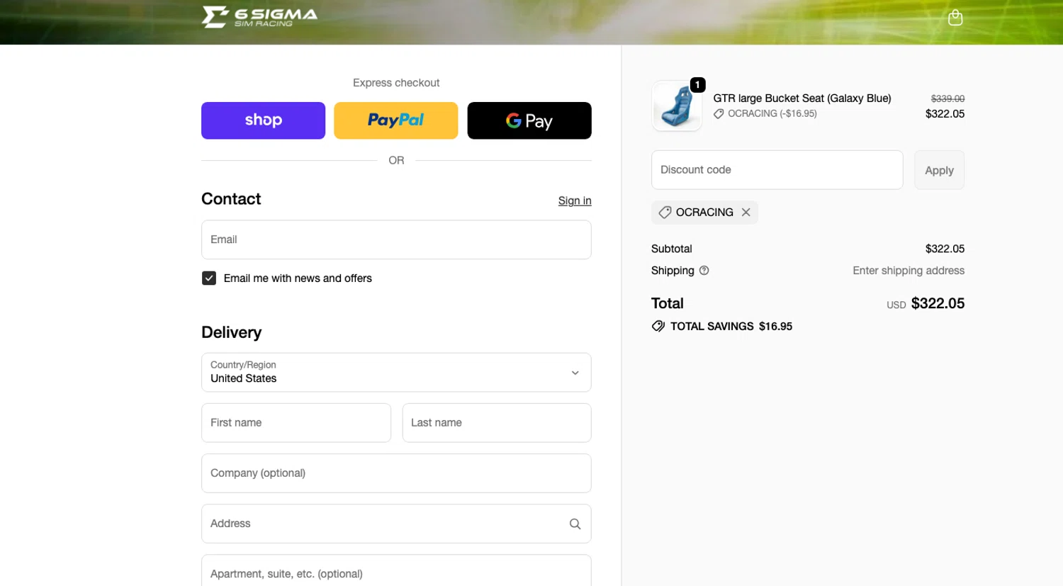 6 Sigma Sim Racing discount code screenshot showing code OCRACING applied at 6 Sigma Sim Racing checkout page. Uploaded by SimplyCodes community member ELOIN777 on Dec 15, 2025