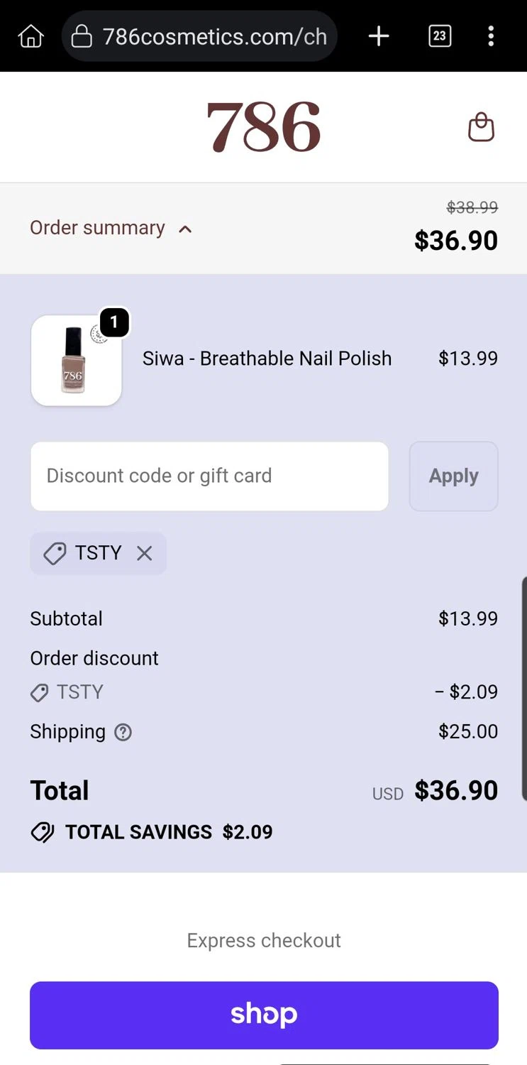 786 Cosmetics checkout page showing 786 Cosmetics discount code box | Screenshot taken by SimplyCodes community member on Dec 18, 2025