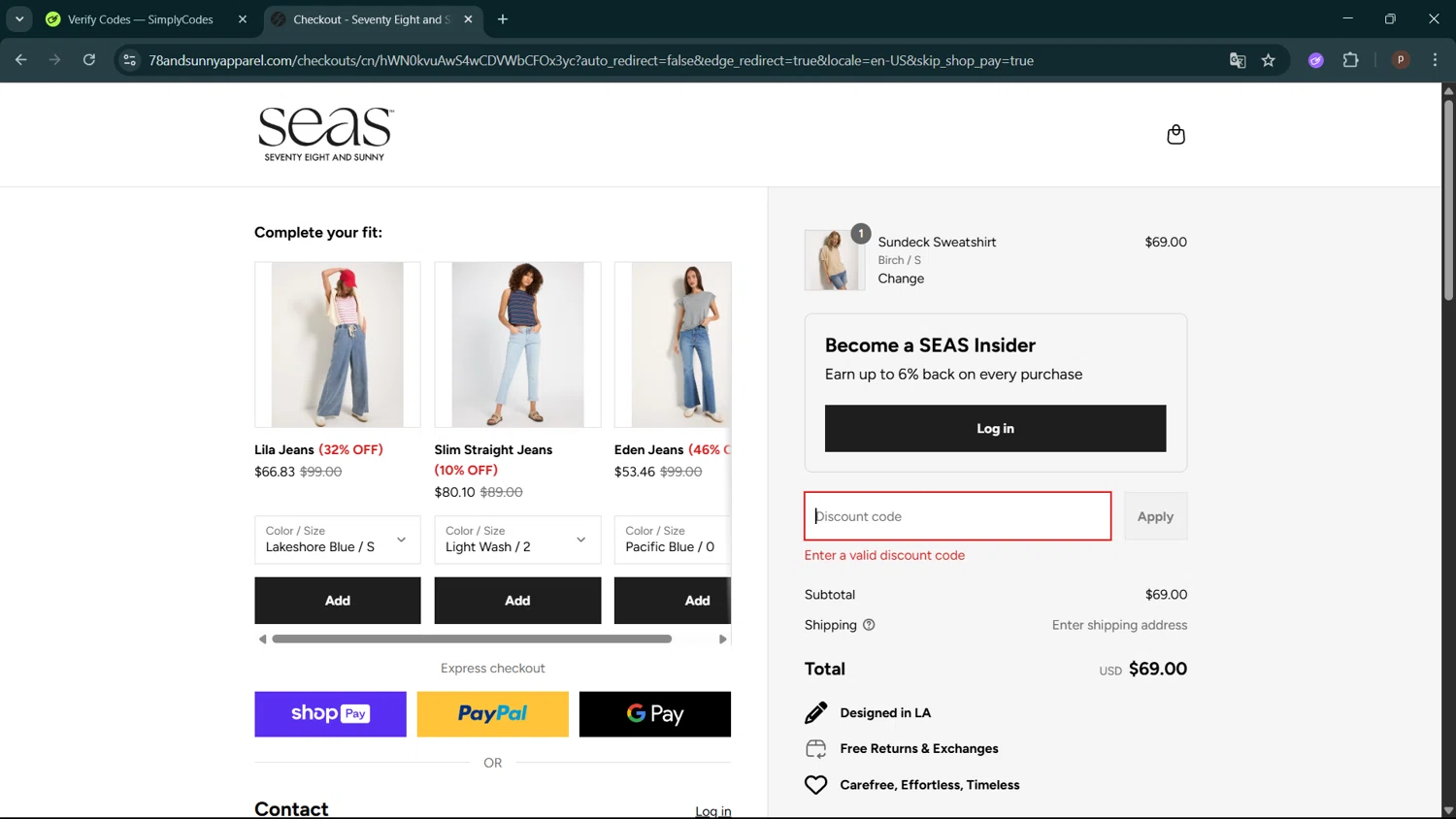 78 & SUNNY promo code screenshot showing code CART10-6MV87P35 applied at 78 & SUNNY checkout page. Uploaded by SimplyCodes community member ShrewdPro2243 on Jul 18, 2025