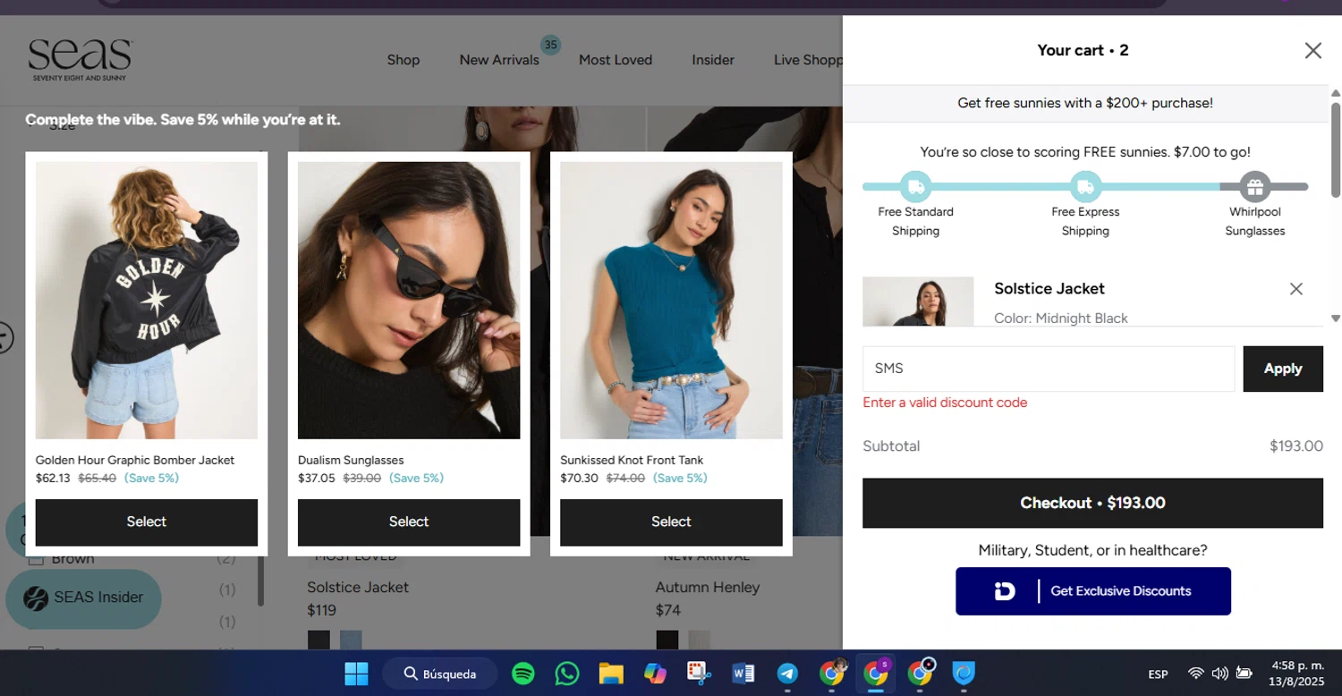 78 & SUNNY promo code screenshot showing code SMS applied at 78 & SUNNY checkout page. Uploaded by SimplyCodes community member Lamadama on Aug 13, 2025