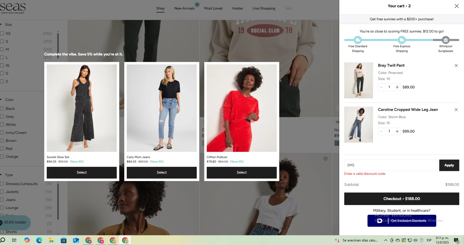 78 & SUNNY promo code screenshot showing code SMS applied at 78 & SUNNY checkout page. Uploaded by SimplyCodes community member ShieldTitan9442 on Aug 13, 2025