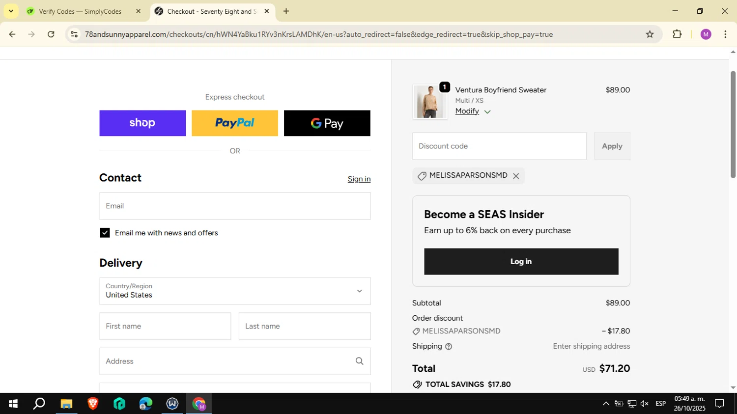 78 & SUNNY promo code screenshot showing code MELISSAPARSONSMD applied at 78 & SUNNY checkout page. Uploaded by SimplyCodes community member NobleSeeker3177 on Oct 26, 2025