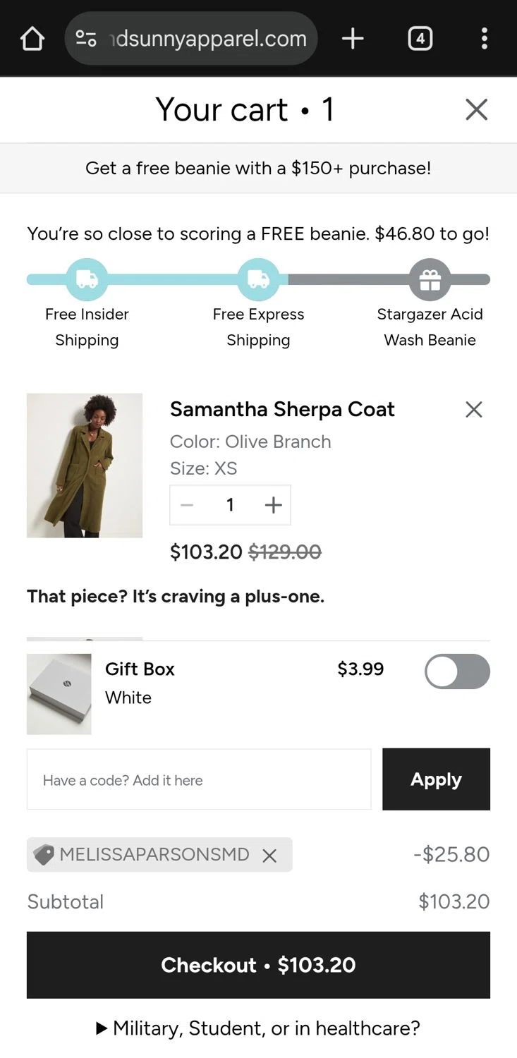 78 & SUNNY promo code screenshot showing code MELISSAPARSONSMD applied at 78 & SUNNY checkout page. Uploaded by SimplyCodes community member carmenvilela on Nov 18, 2025