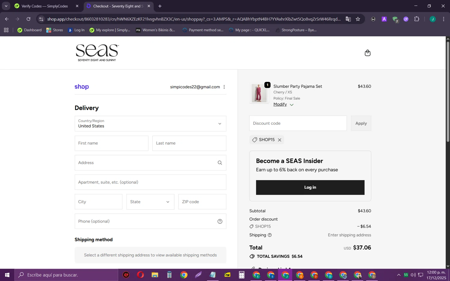 78 & SUNNY promo code screenshot showing code SHOP15 applied at 78 & SUNNY checkout page. Uploaded by SimplyCodes community member SarayH on Dec 17, 2025