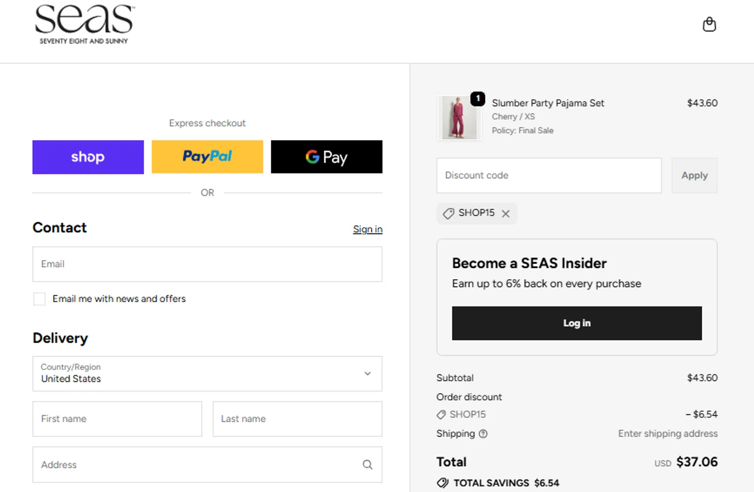 78 & SUNNY promo code screenshot showing code SHOP15 applied at 78 & SUNNY checkout page. Uploaded by SimplyCodes community member Jhonny on Dec 17, 2025