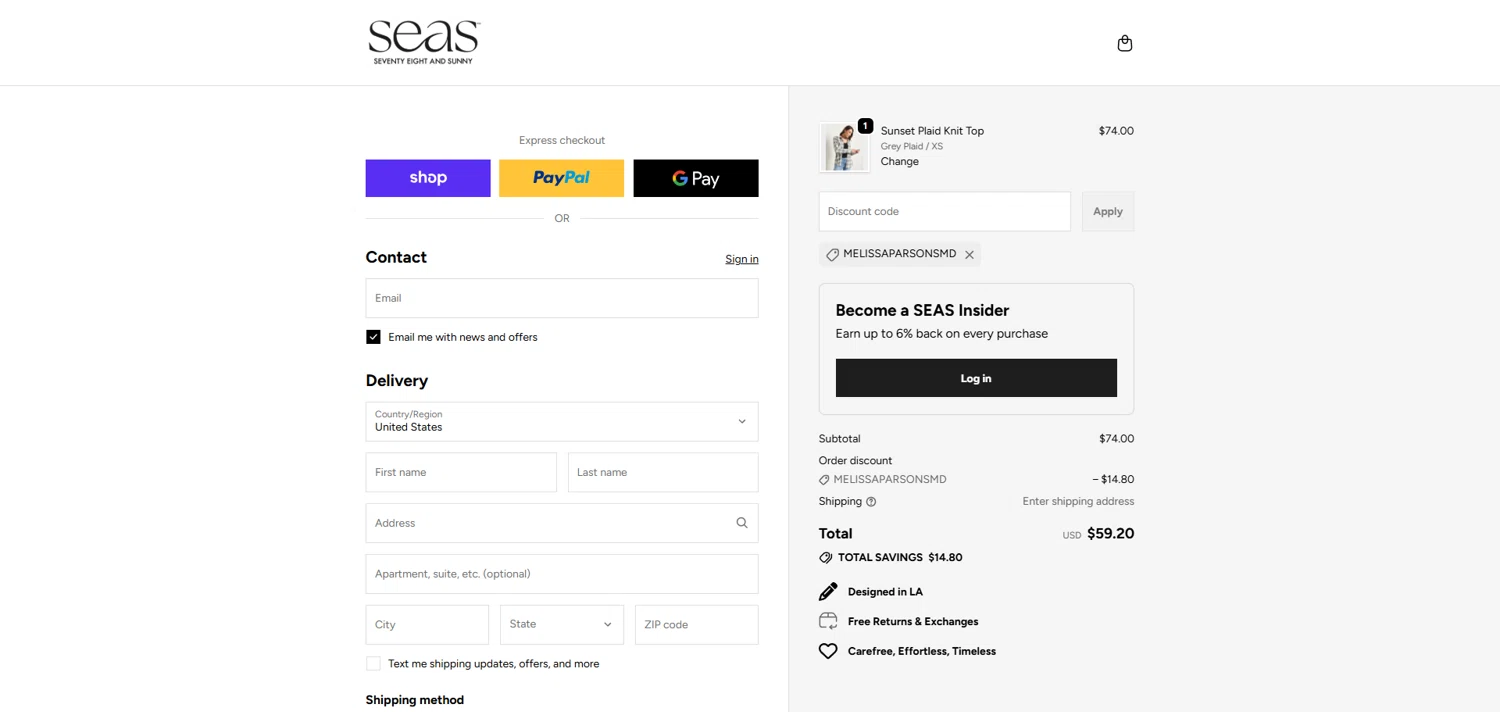 78 & SUNNY promo code screenshot showing code MELISSAPARSONSMD applied at 78 & SUNNY checkout page. Uploaded by SimplyCodes community member ivantorres on Oct 5, 2025
