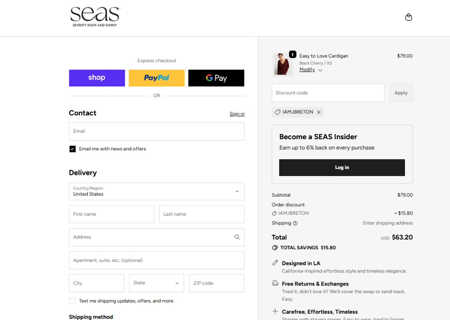 78 & SUNNY promo code screenshot showing code IAMJBRETON applied at 78 & SUNNY checkout page. Uploaded by SimplyCodes community member ylenisjordan on Nov 2, 2025