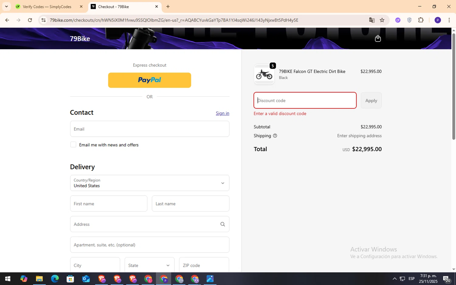 79Bike discount code screenshot showing code MotoMatt applied at 79Bike checkout page. Uploaded by SimplyCodes community member NobleFox9153 on Nov 25, 2025