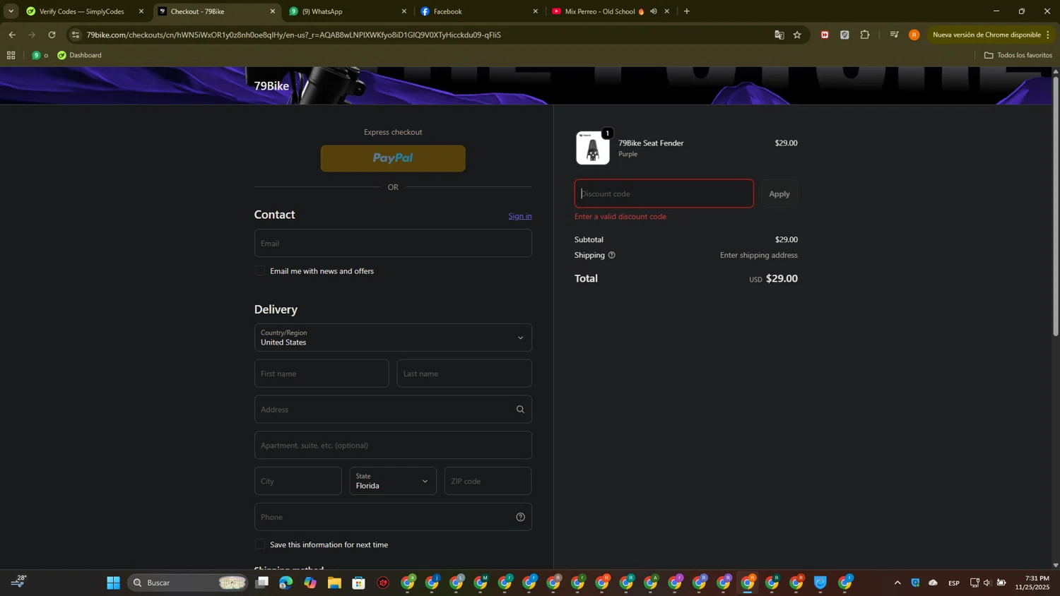 79Bike discount code screenshot showing code MotoMatt applied at 79Bike checkout page. Uploaded by SimplyCodes community member PromoTitan1625 on Nov 25, 2025