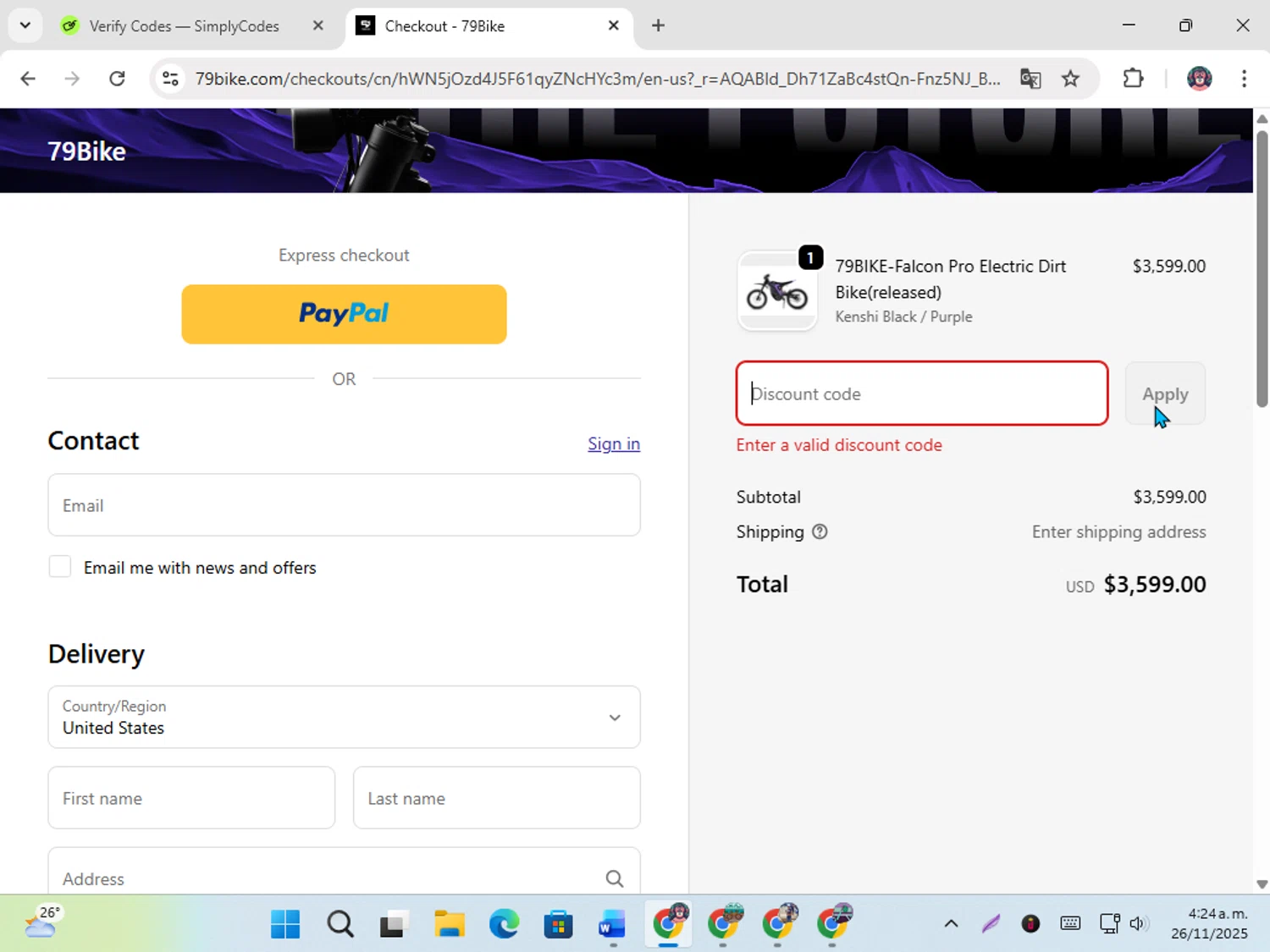79Bike discount code screenshot showing code JACK79 applied at 79Bike checkout page. Uploaded by SimplyCodes community member karoline on Nov 26, 2025