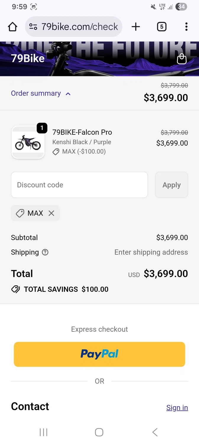 79Bike discount code screenshot showing code Max applied at 79Bike checkout page. Uploaded by SimplyCodes community member KarinaHZ on Dec 22, 2025