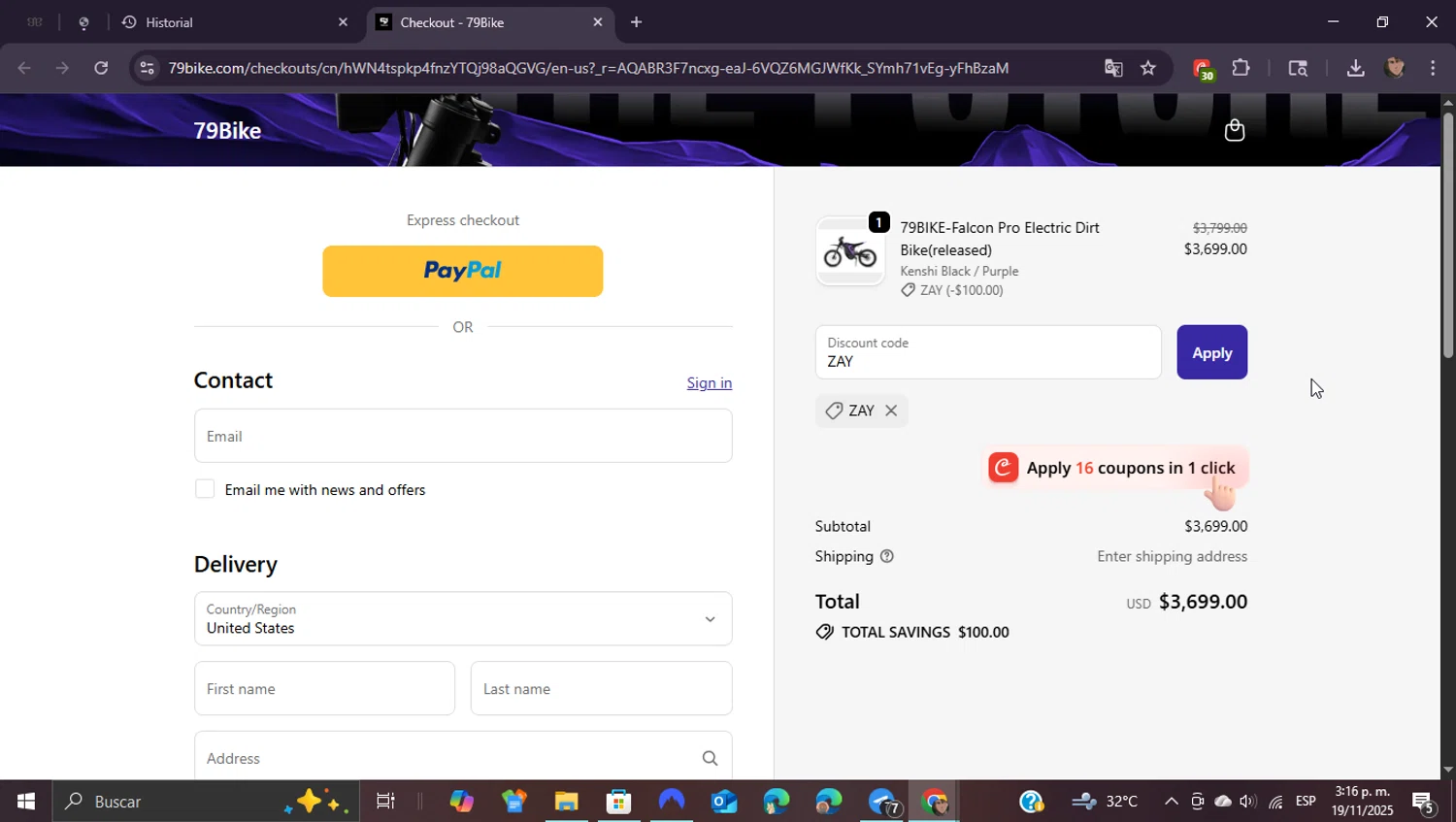 79Bike discount code screenshot showing code ZAY applied at 79Bike checkout page. Uploaded by SimplyCodes community member ShieldEagle9436 on Nov 19, 2025