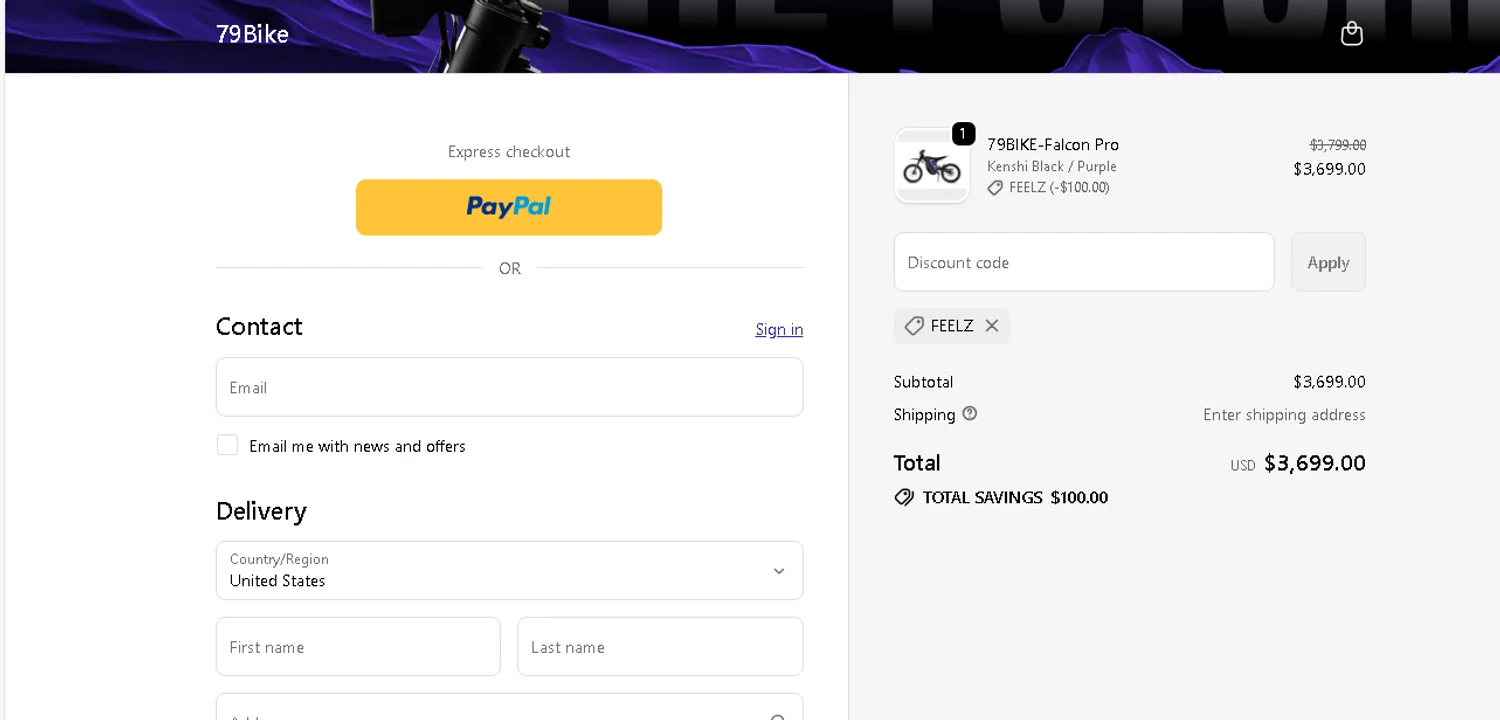 79Bike discount code screenshot showing code feelz applied at 79Bike checkout page. Uploaded by SimplyCodes community member shark12 on Dec 22, 2025
