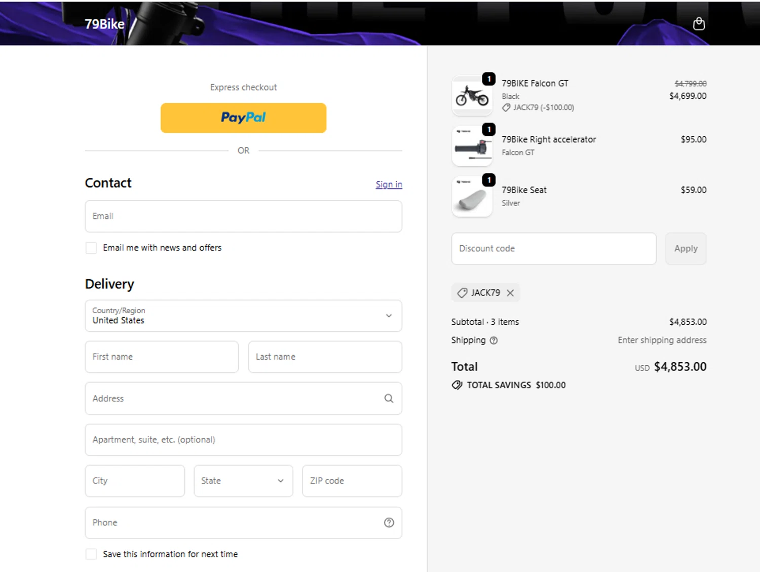 79Bike discount code screenshot showing code Jack79 applied at 79Bike checkout page. Uploaded by SimplyCodes community member ylenisjordan on Dec 22, 2025