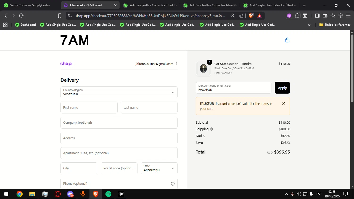 7 A.M. Enfant promo code screenshot showing code FAUXFUR applied at 7 A.M. Enfant checkout page. Uploaded by SimplyCodes community member Ultrapapu on Oct 19, 2025