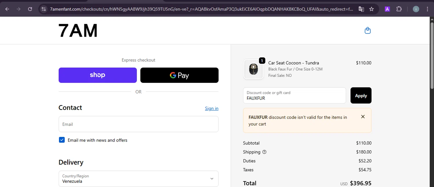 7 A.M. Enfant promo code screenshot showing code FAUXFUR applied at 7 A.M. Enfant checkout page. Uploaded by SimplyCodes community member PrimeSentinel5869 on Nov 25, 2025