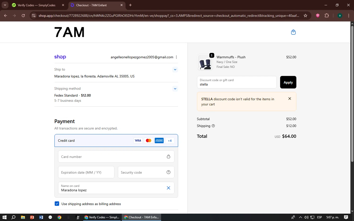 7 A.M. Enfant promo code screenshot showing code stella applied at 7 A.M. Enfant checkout page. Uploaded by SimplyCodes community member zizu55 on Oct 27, 2025