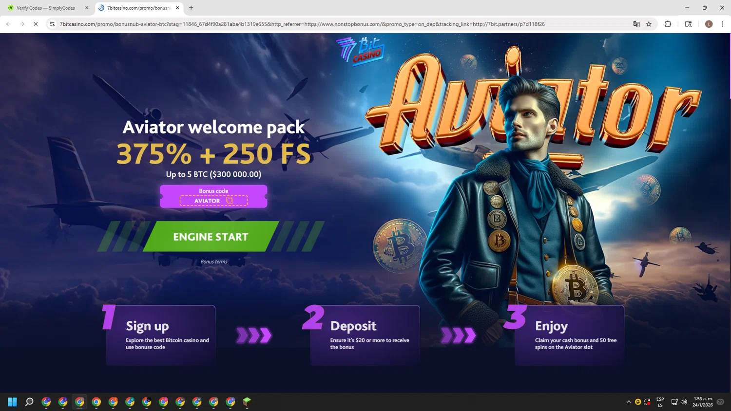 7Bit Casino promo code screenshot showing code AVlATOR applied at 7Bit Casino checkout page. Uploaded by SimplyCodes community member BENELLI on Jan 24, 2026