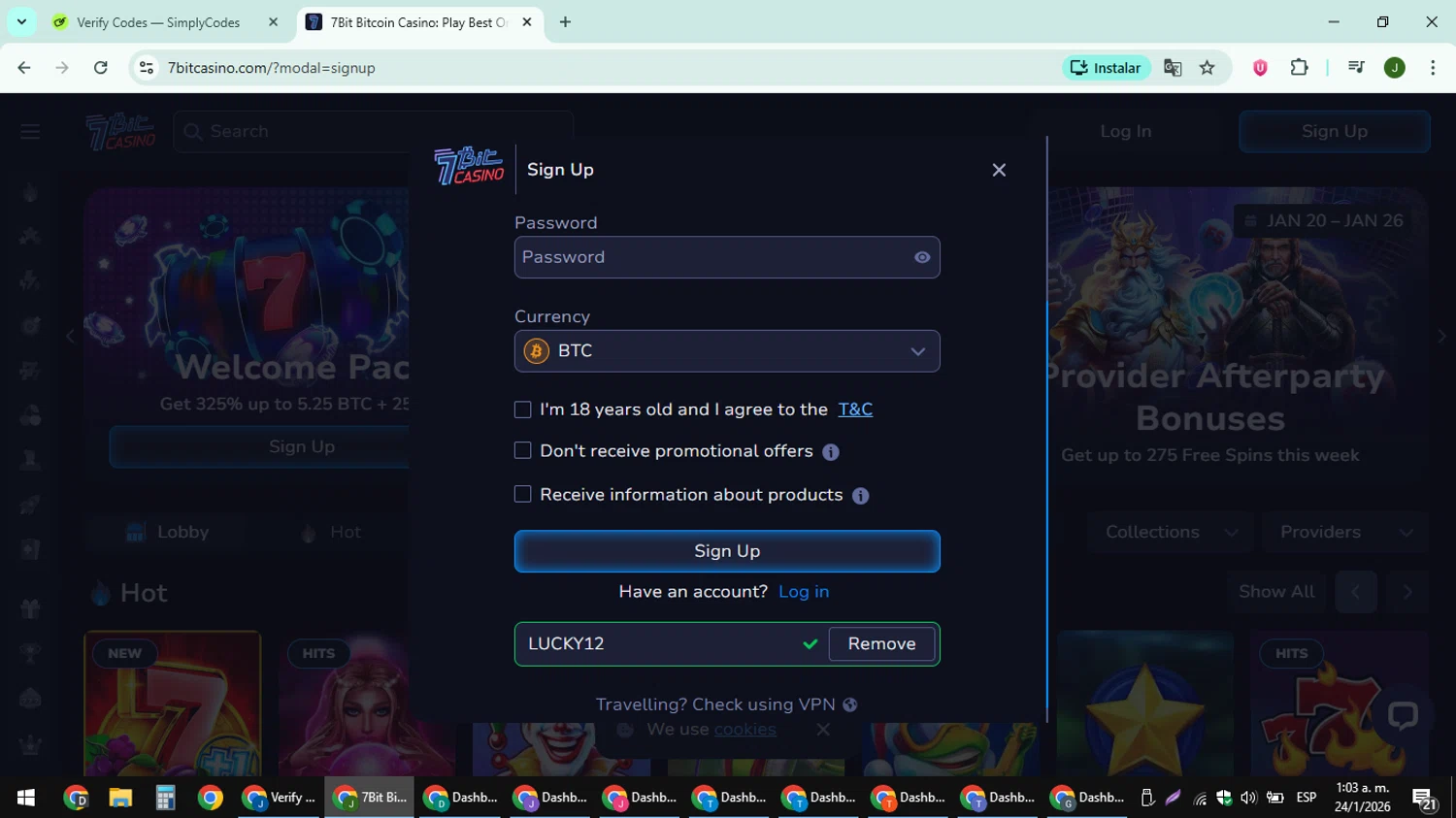 7Bit Casino promo code screenshot showing code LUCKY12 applied at 7Bit Casino checkout page. Uploaded by SimplyCodes community member ShieldFinder369 on Jan 24, 2026