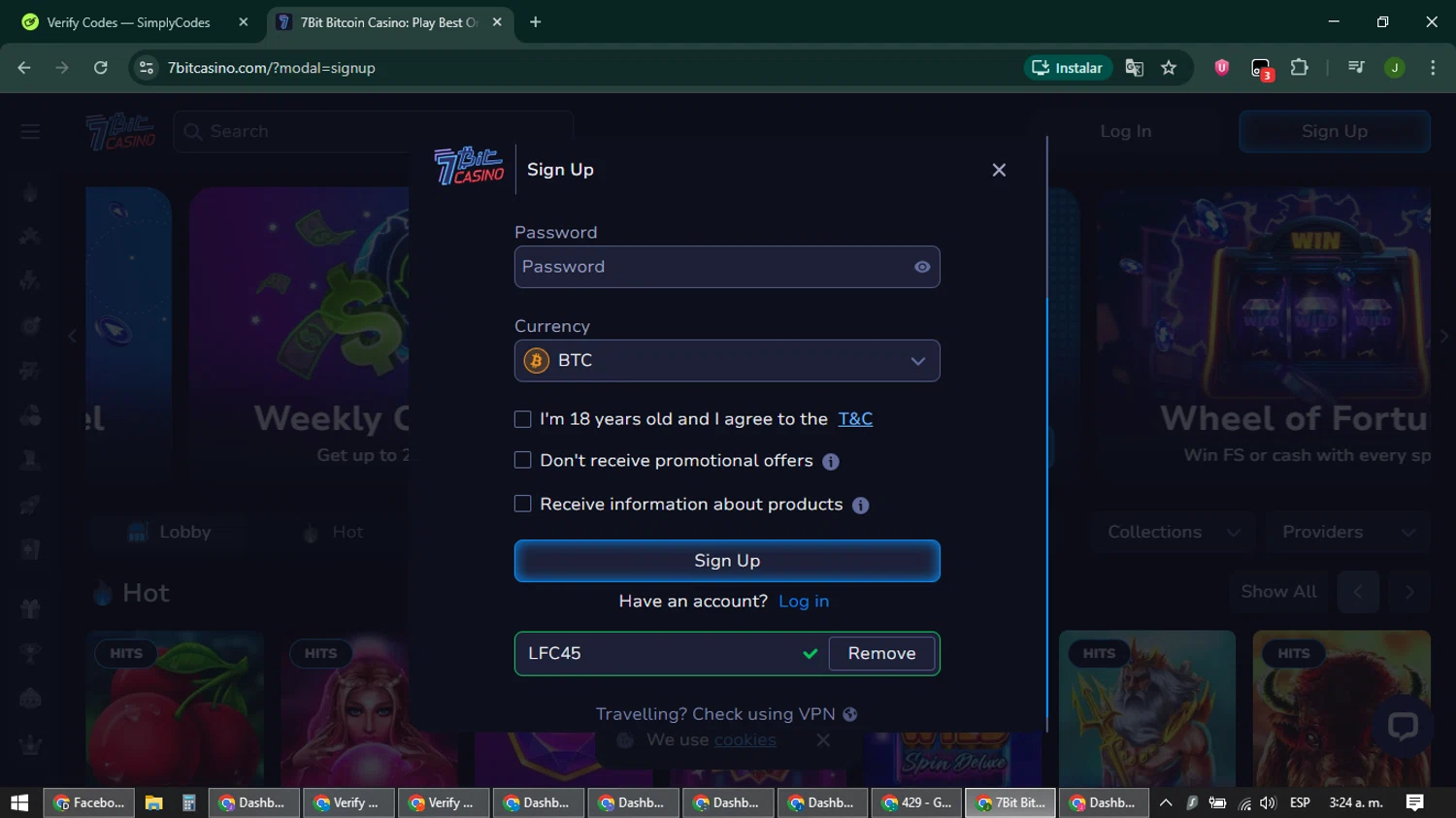7Bit Casino promo code screenshot showing code LFC45 applied at 7Bit Casino checkout page. Uploaded by SimplyCodes community member ShieldFinder369 on Feb 11, 2026