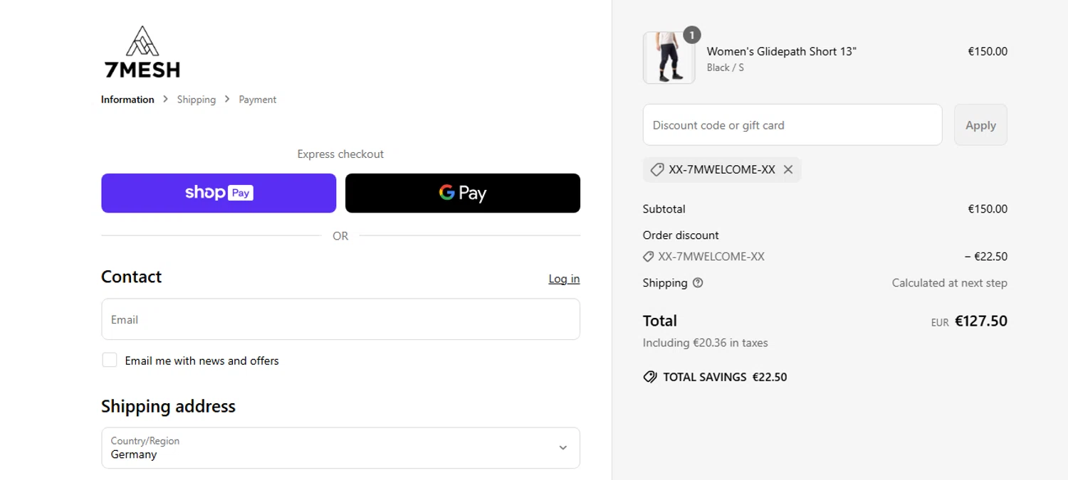 7Mesh discount code screenshot showing code XX-7MWELCOME-XX applied at 7Mesh checkout page. Uploaded by SimplyCodes community member shark12 on Mar 24, 2025