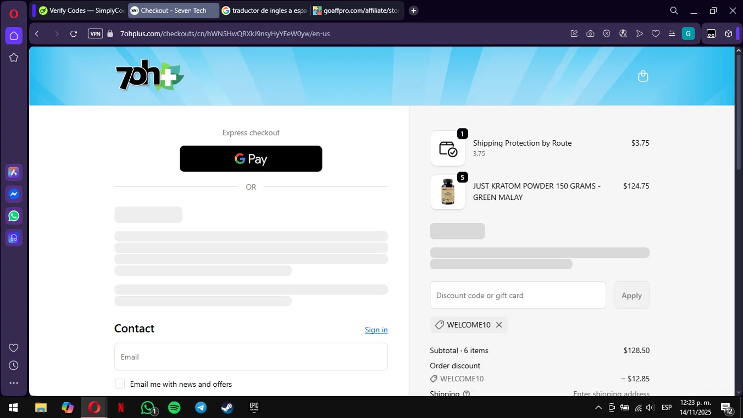 7OH+ promo code screenshot showing code WELCOME10 applied at 7OH+ checkout page. Uploaded by SimplyCodes community member ValiantWarden3907 on Nov 14, 2025