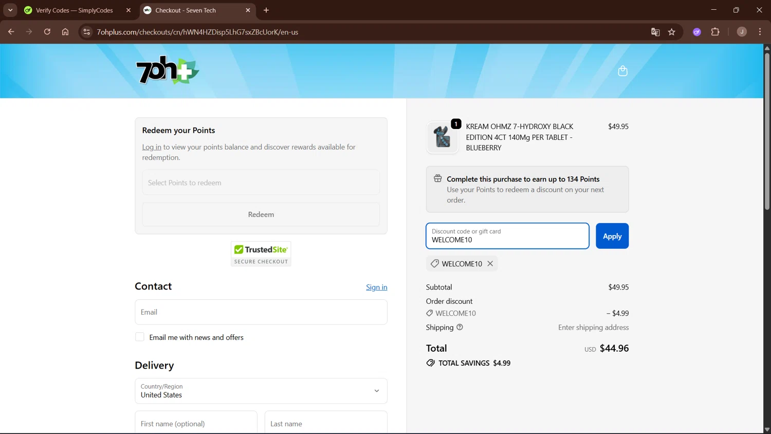 7OH+ promo code screenshot showing code WELCOME10 applied at 7OH+ checkout page. Uploaded by SimplyCodes community member WisePro3955 on Oct 19, 2025