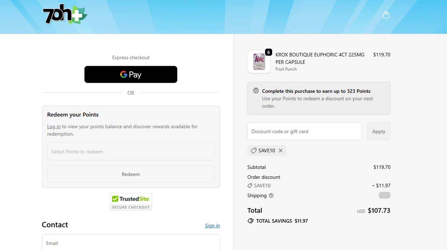 7OH+ promo code screenshot showing code SAVE10 applied at 7OH+ checkout page. Uploaded by SimplyCodes community member Corleone on Dec 29, 2025