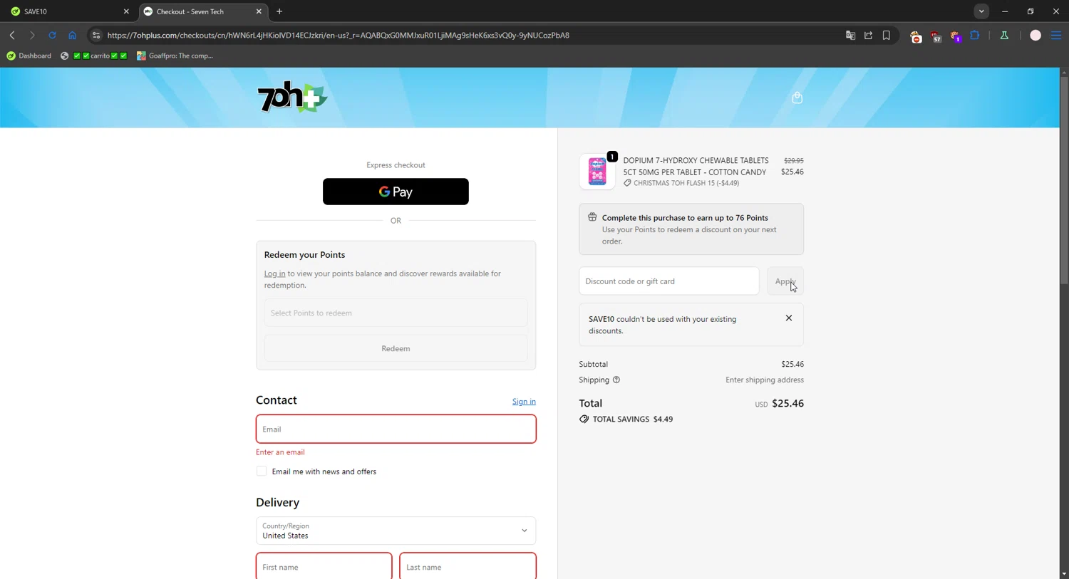 7OH+ promo code screenshot showing code SAVE10 applied at 7OH+ checkout page. Uploaded by SimplyCodes community member connyshan2154 on Dec 26, 2025