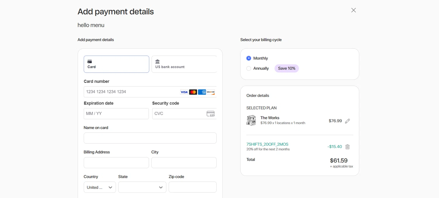 7Shifts promo code screenshot showing code 7SHIFTS_20OFF_2MOS applied at 7Shifts checkout page. Uploaded by SimplyCodes community member rapiddeals on Jun 14, 2025