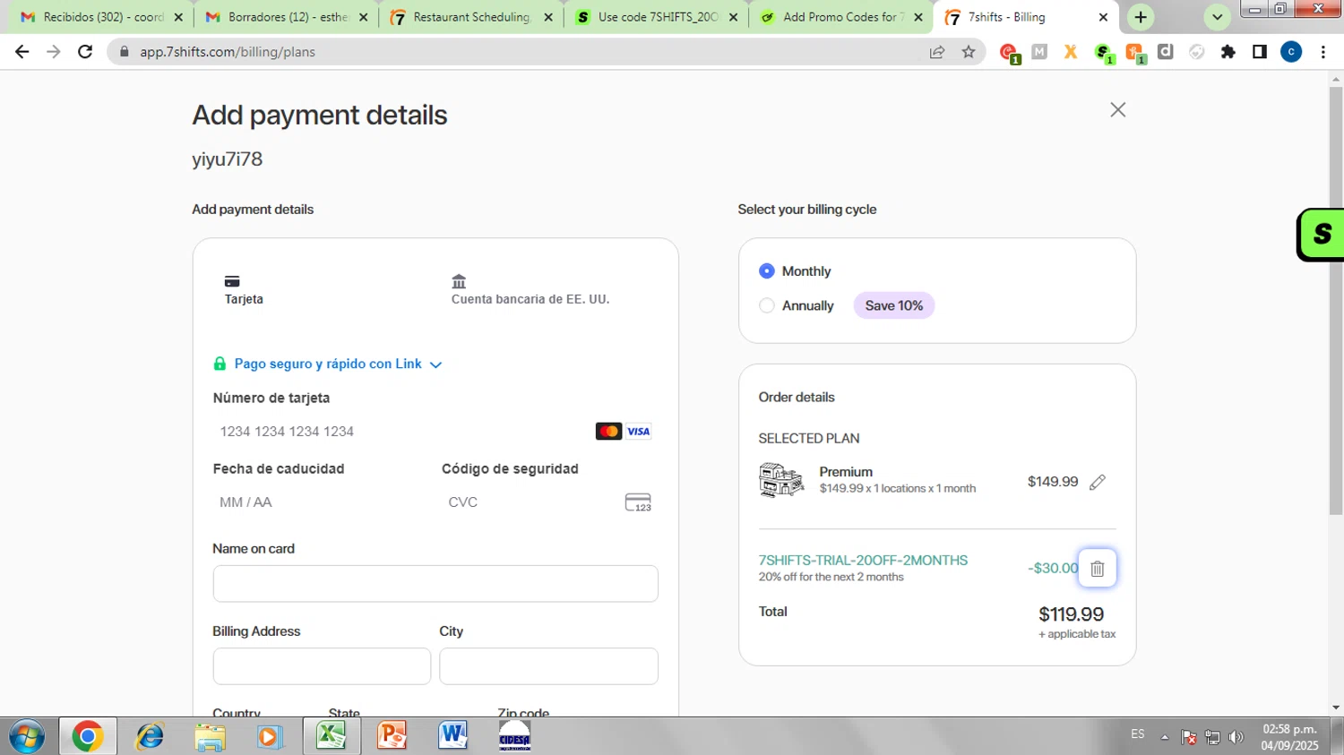 7Shifts promo code screenshot showing code 7SHIFTS-TRIAL-20OFF-2MONTHS applied at 7Shifts checkout page. Uploaded by SimplyCodes community member ESTHER3121 on Sep 4, 2025