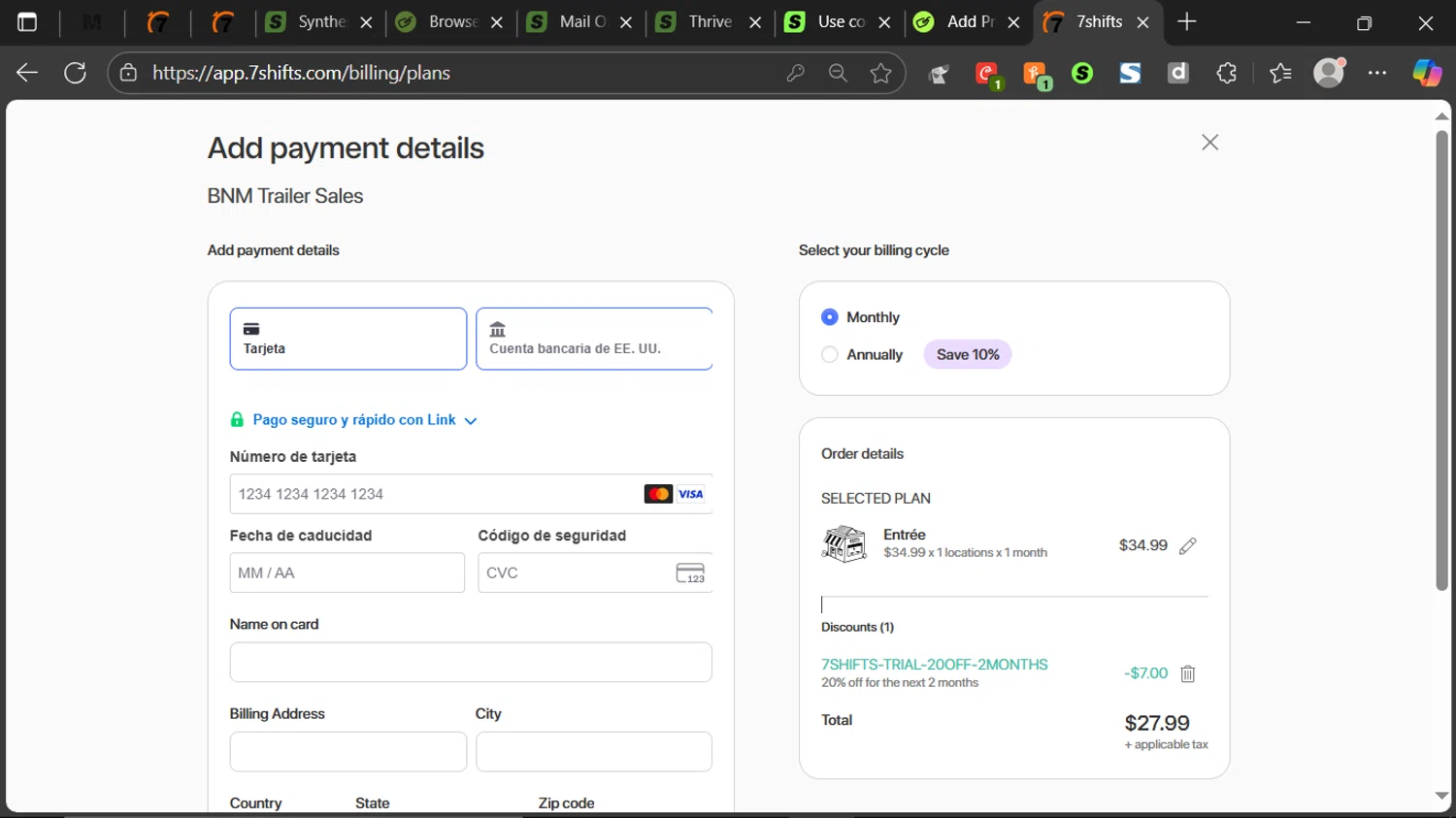 7Shifts promo code screenshot showing code 7SHIFTS-TRIAL-20OFF-2MONTHS applied at 7Shifts checkout page. Uploaded by SimplyCodes community member ESTHER3121 on Oct 8, 2025