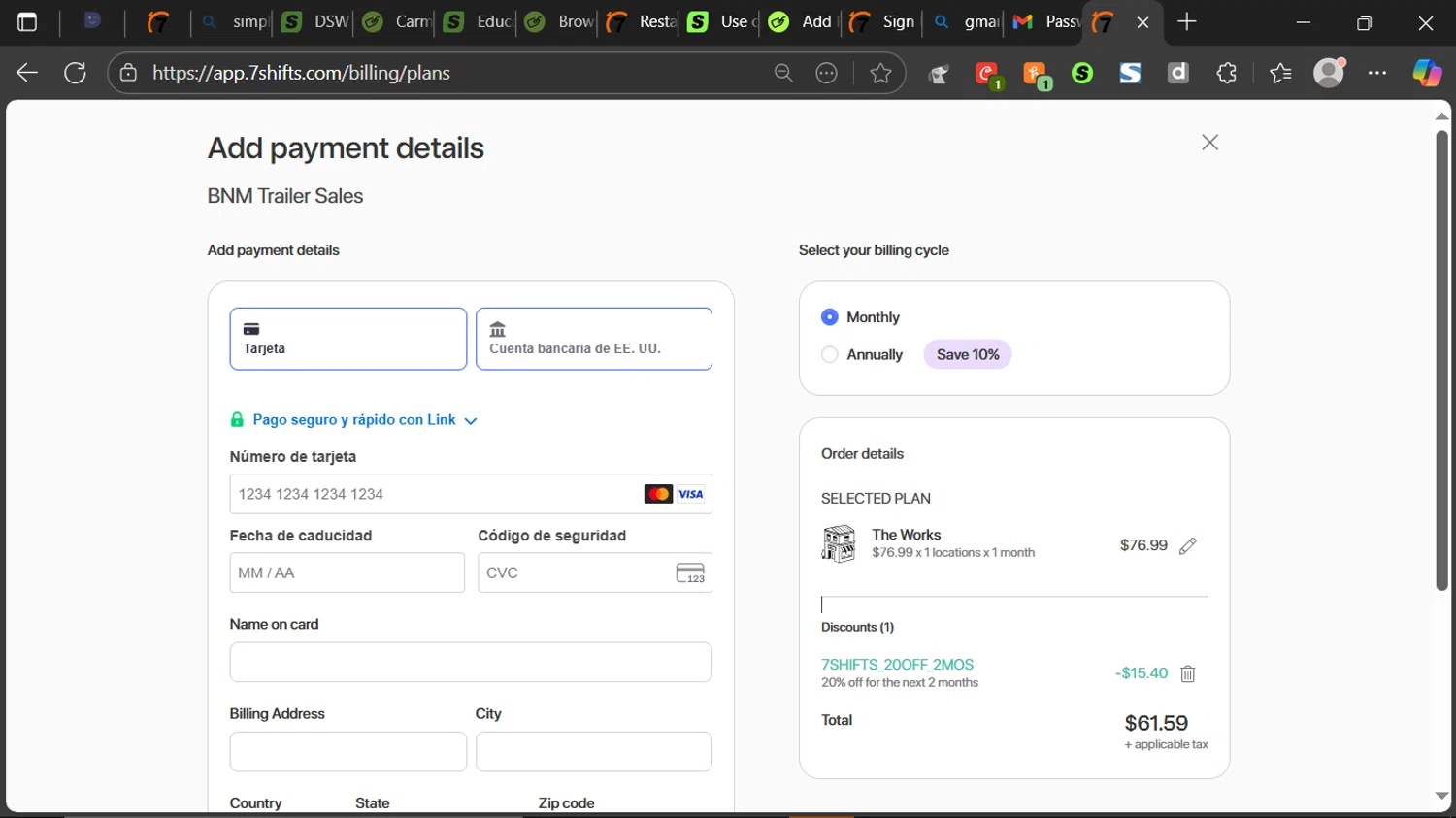 7Shifts promo code screenshot showing code 7SHIFTS_20OFF_2MOS applied at 7Shifts checkout page. Uploaded by SimplyCodes community member ESTHER3121 on Oct 7, 2025