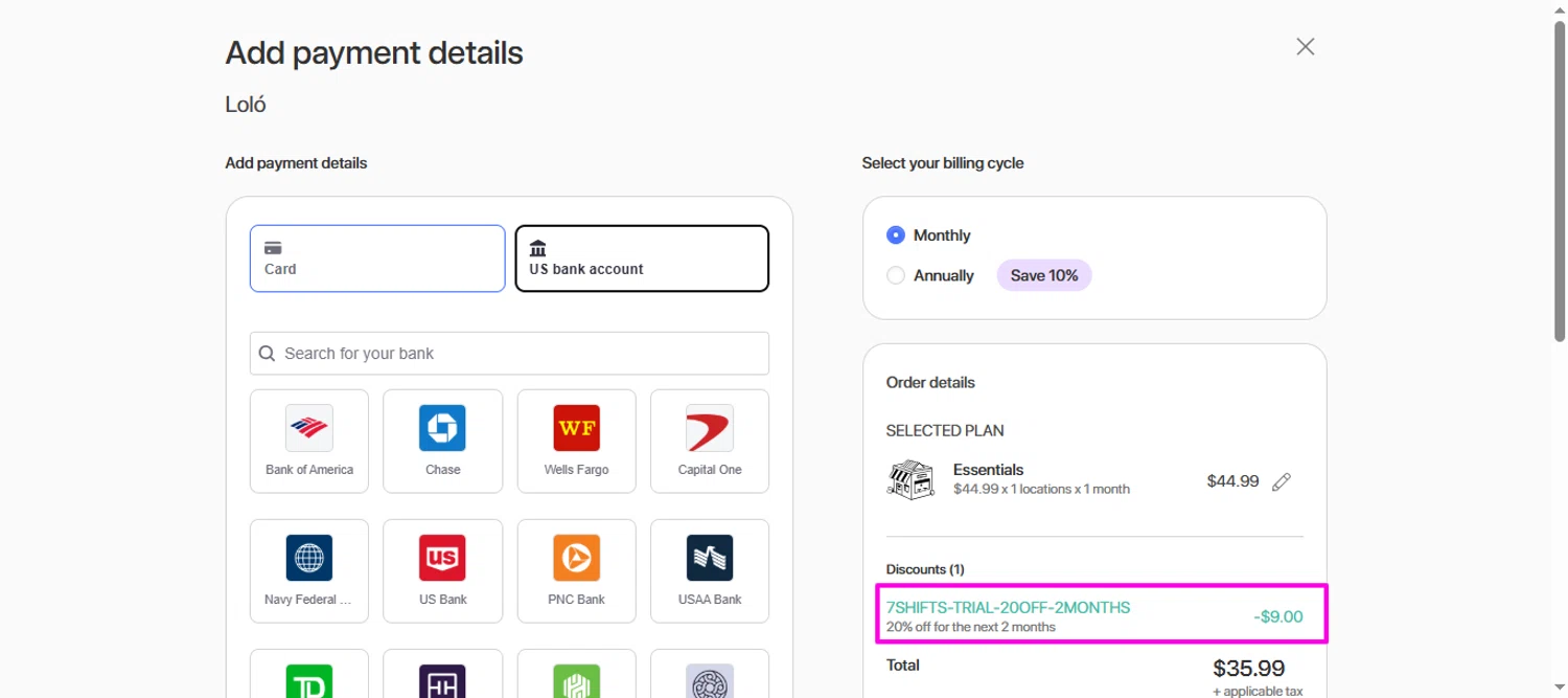 7Shifts promo code screenshot showing code 7SHIFTS-TRIAL-20OFF-2MONTHS applied at 7Shifts checkout page. Uploaded by SimplyCodes community member mrdarcy on Nov 13, 2025