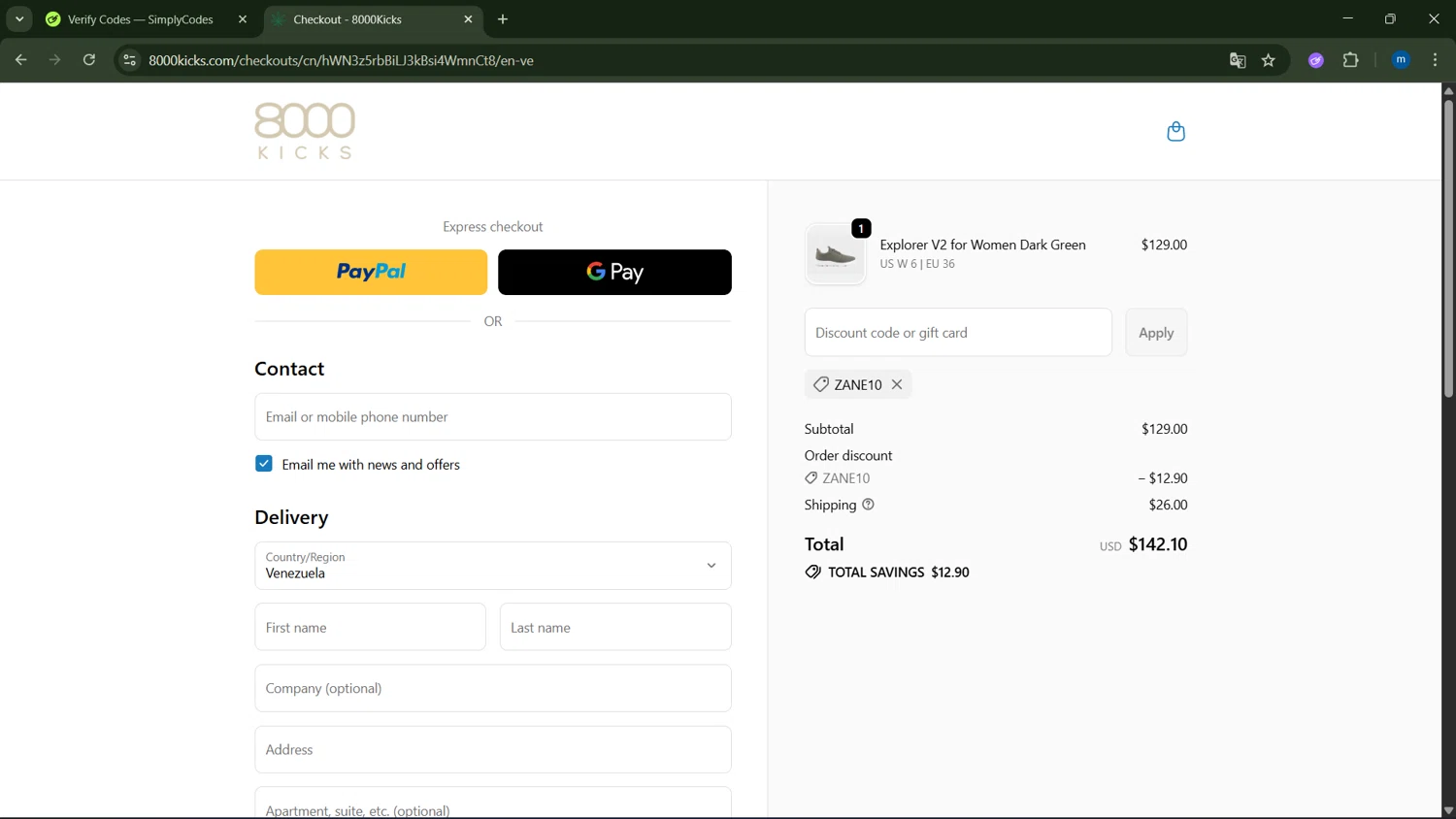 8000Kicks discount code screenshot showing code Zane10 applied at 8000Kicks checkout page. Uploaded by SimplyCodes community member GloriousSpotter8024 on Oct 11, 2025