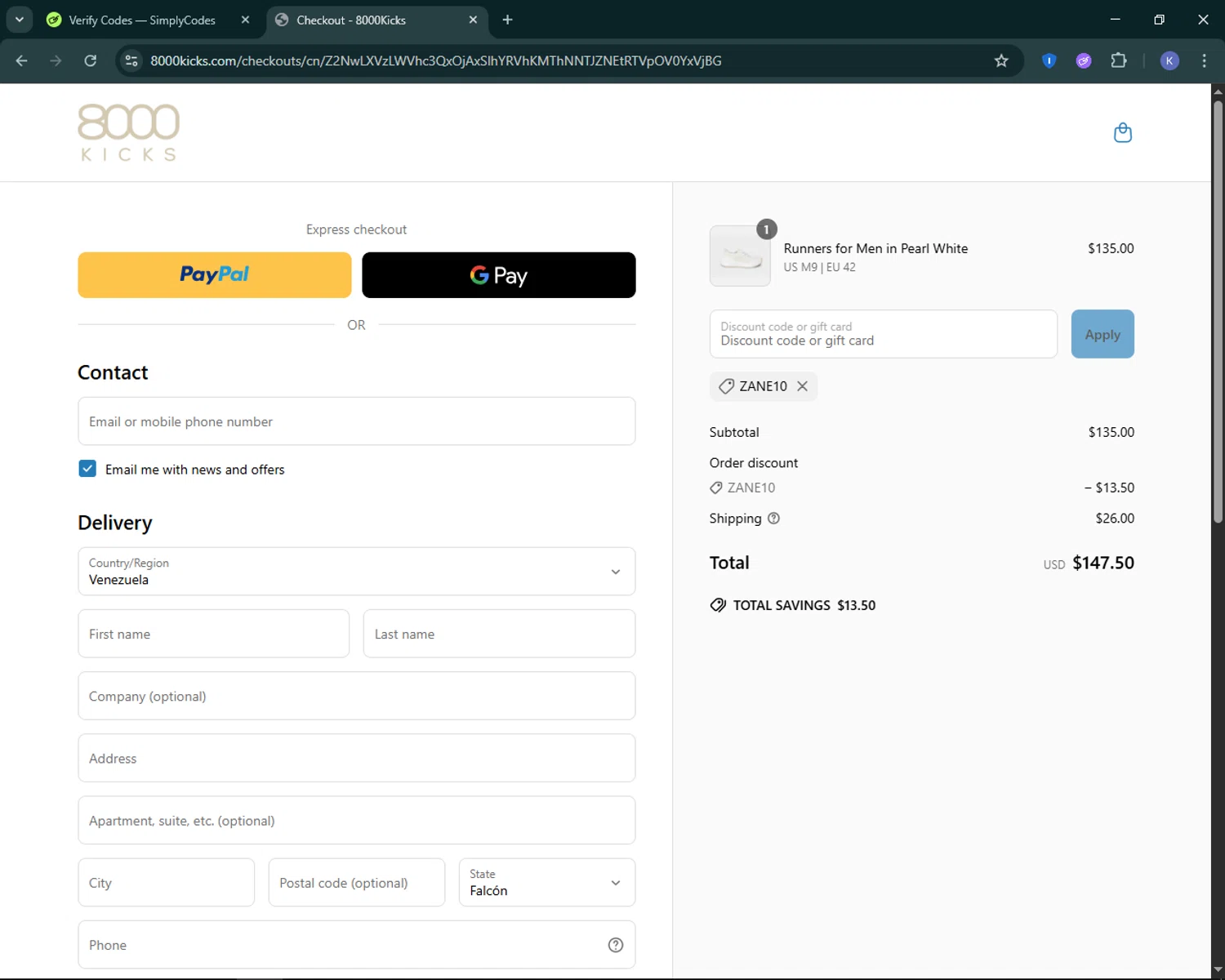 8000Kicks discount code screenshot showing code Zane10 applied at 8000Kicks checkout page. Uploaded by SimplyCodes community member KevLapage on Jun 16, 2025