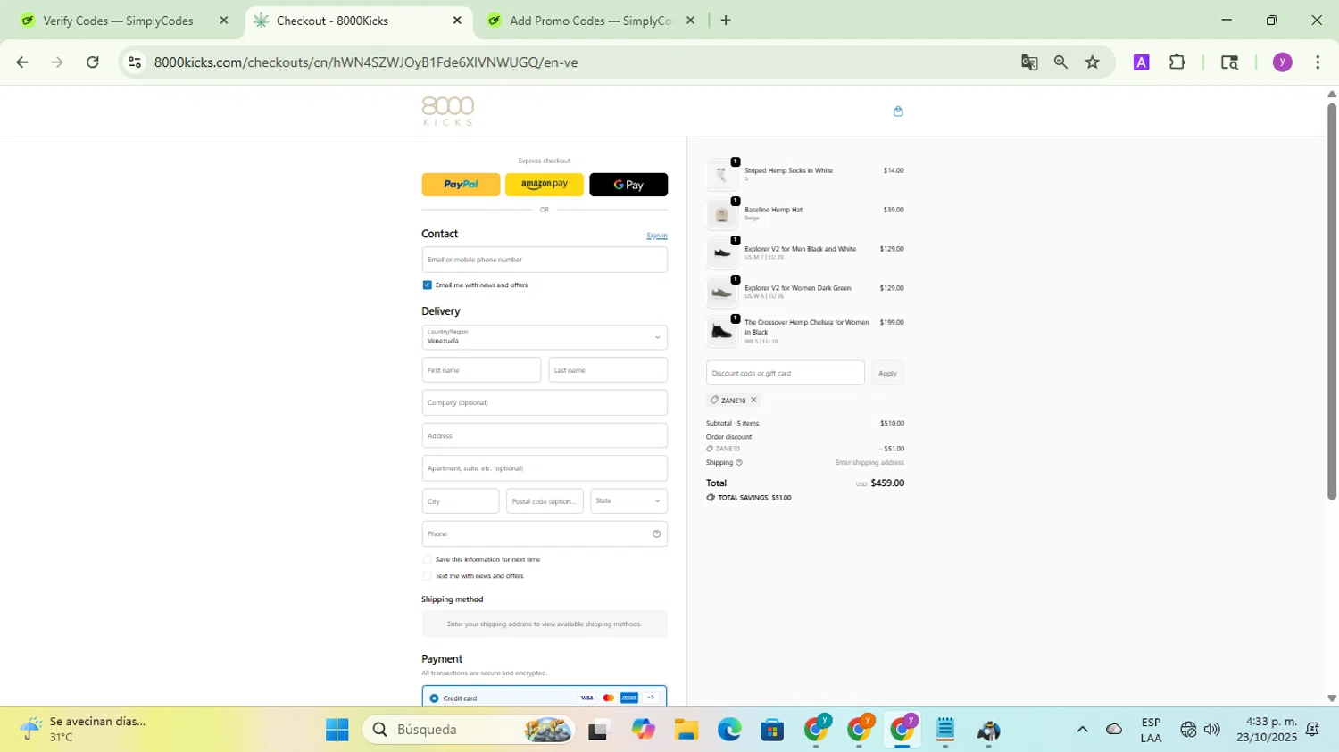 8000Kicks discount code screenshot showing code Zane10 applied at 8000Kicks checkout page. Uploaded by SimplyCodes community member yadicg054 on Oct 23, 2025