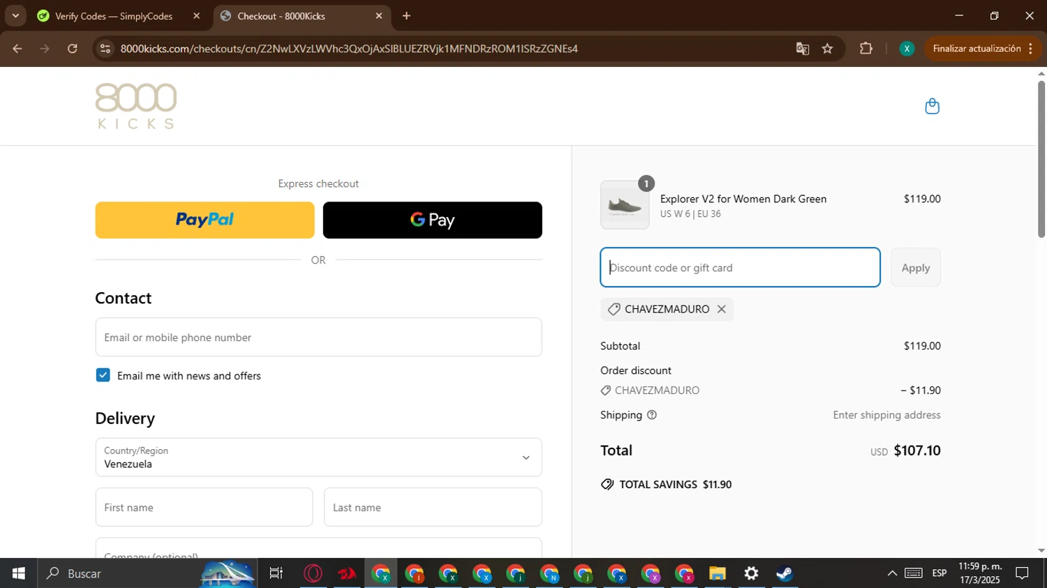 8000Kicks discount code screenshot showing code chavezmaduro applied at 8000Kicks checkout page. Uploaded by SimplyCodes community member BonusWarden6019 on Mar 18, 2025